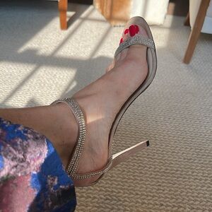 Jimmy Choo like new strap heels with gold tone rhinestone nude patent leather